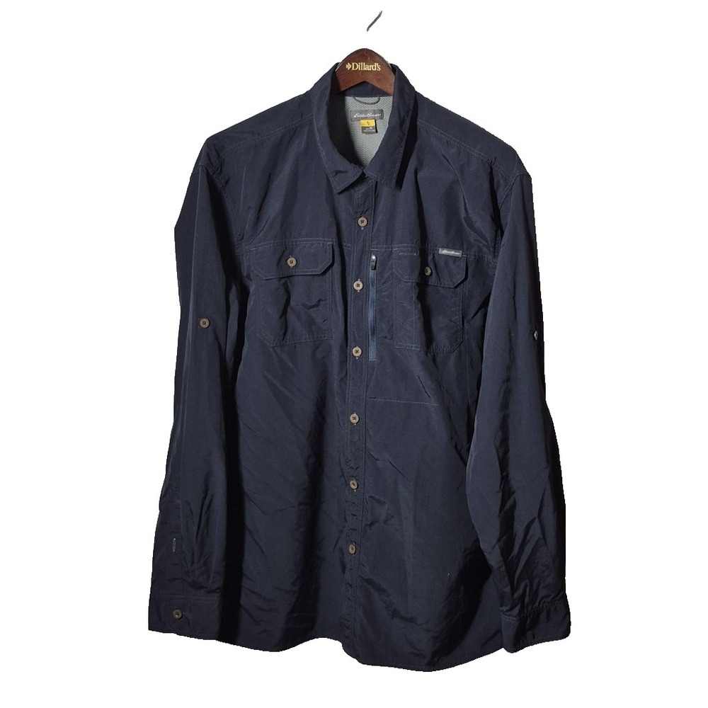 Eddie Bauer Shirt Mens XL Navy Travex Nylon Ripstop Long Sleeve‎ Roll Tab Hiking